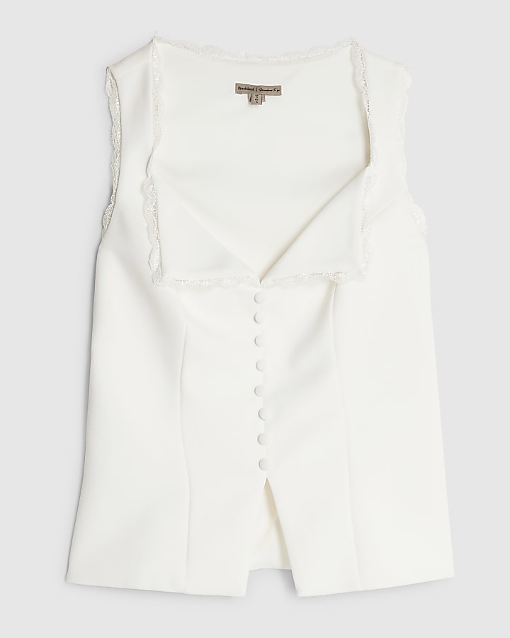 river island Cream Sleeveless Lace Trim Waistcoat