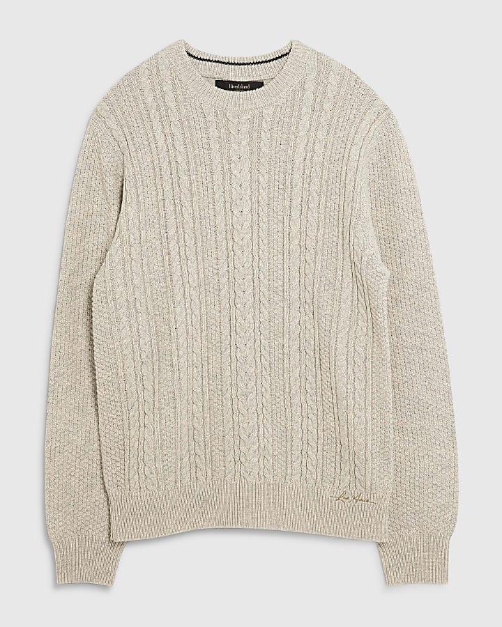 river island Cream Slim Fit Cable Knit Jumper