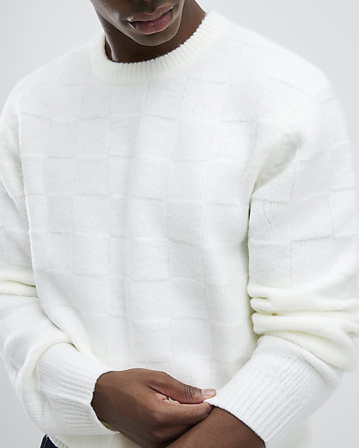 River Island Cream Slim Fit Knitted Check Jumper
