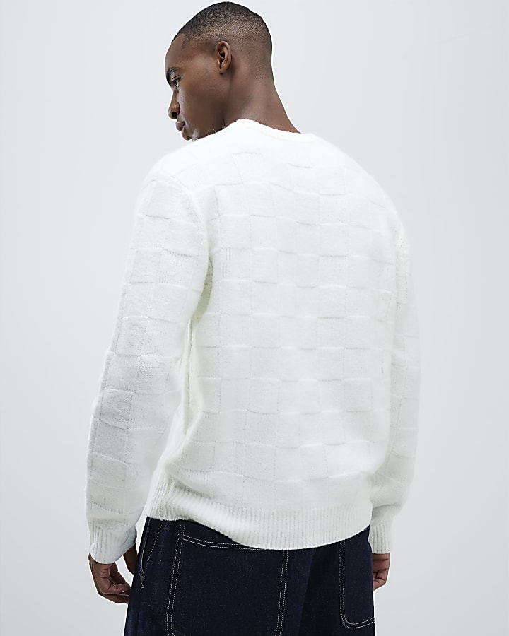 River Island Cream Slim Fit Knitted Check Jumper