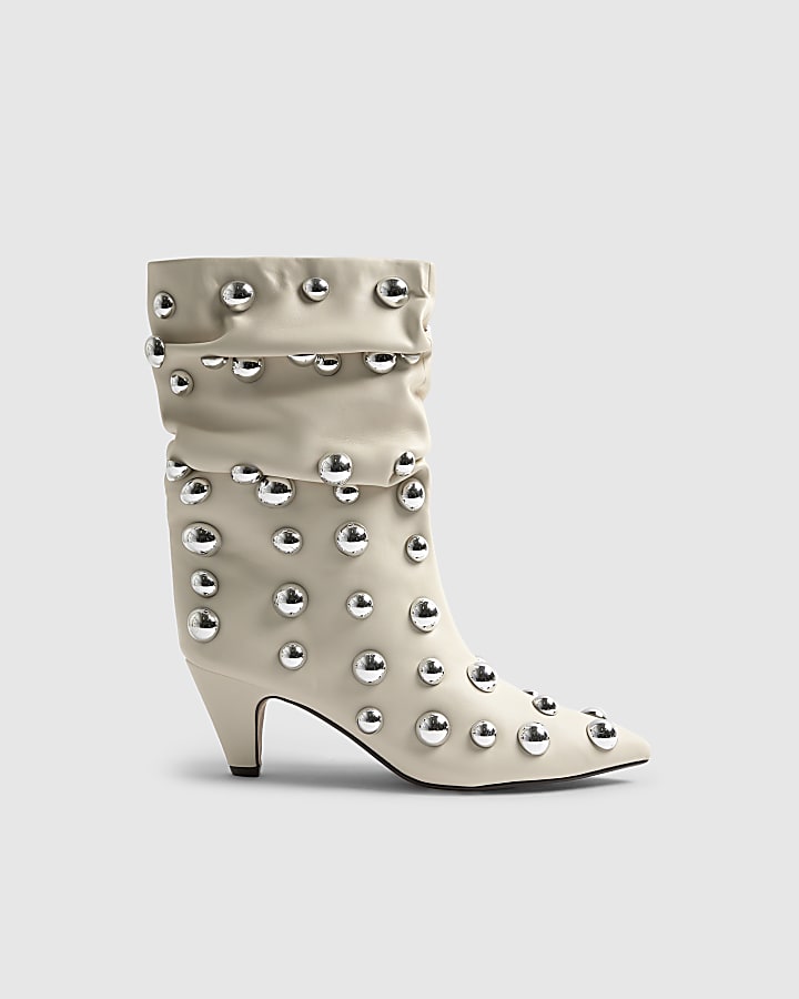 River Island Cream Slouch Studded Ankle Boots