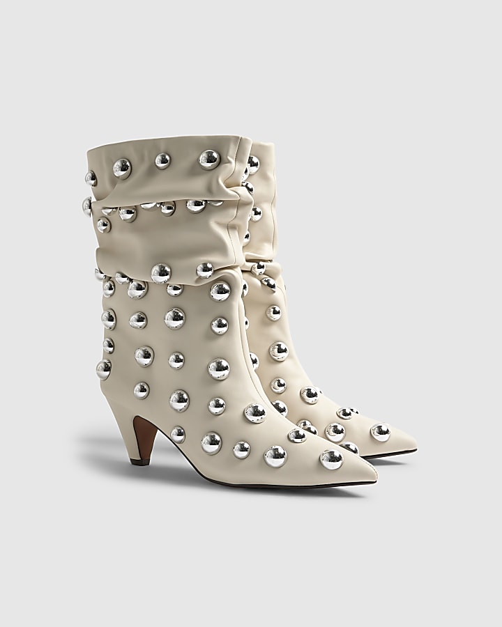 River Island Cream Slouch Studded Ankle Boots