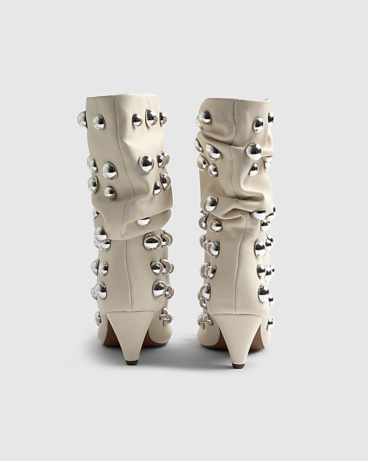 River Island Cream Slouch Studded Ankle Boots