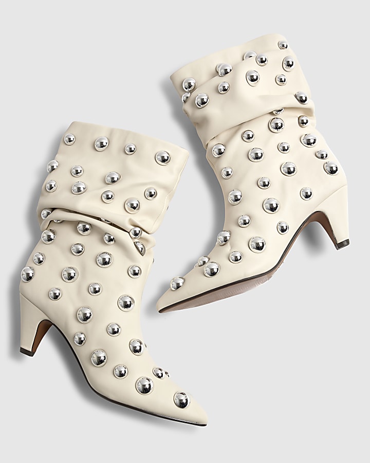 river island Cream Slouch Studded Ankle Boots