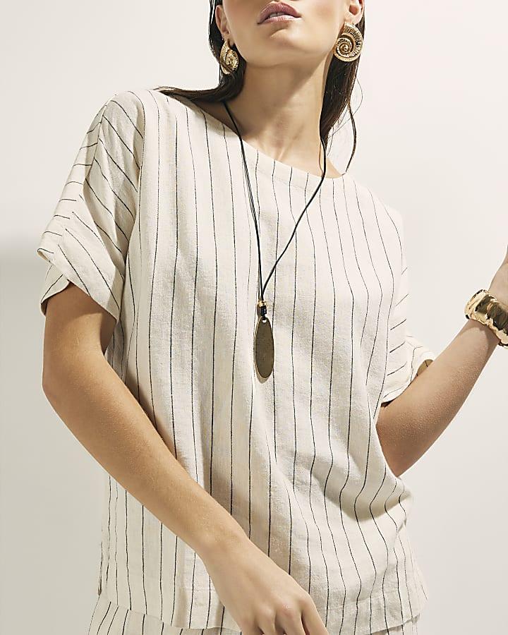 River Island Cream Striped Linen Blend T-Shirt