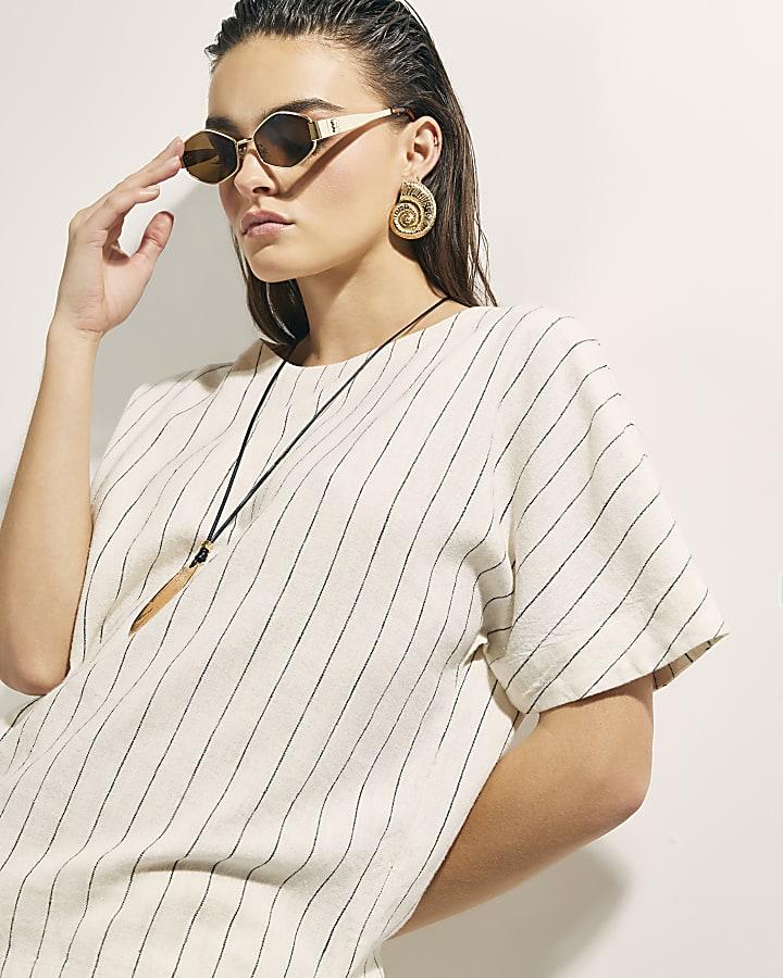 River Island Cream Striped Linen Blend T-Shirt