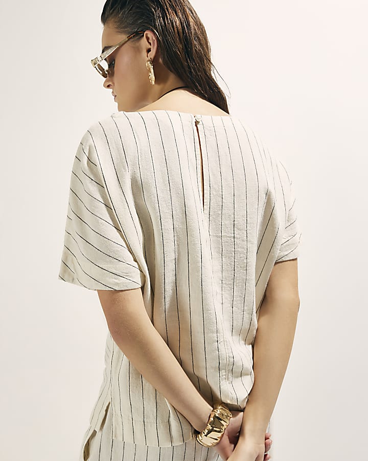 river island Cream Striped Linen Blend T-Shirt