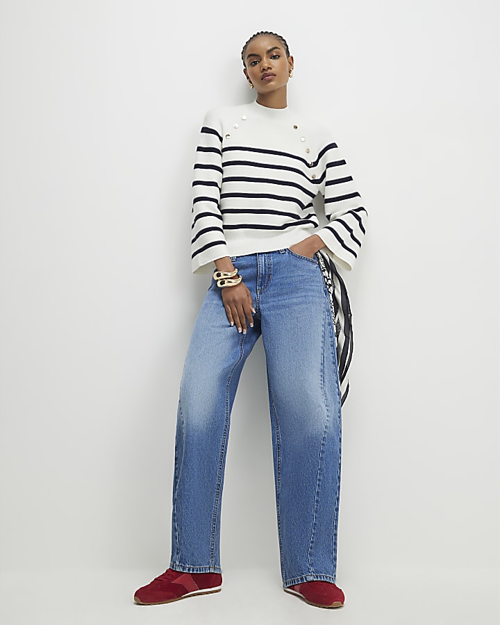 River Island Cream Striped Ribbed Button Jumper