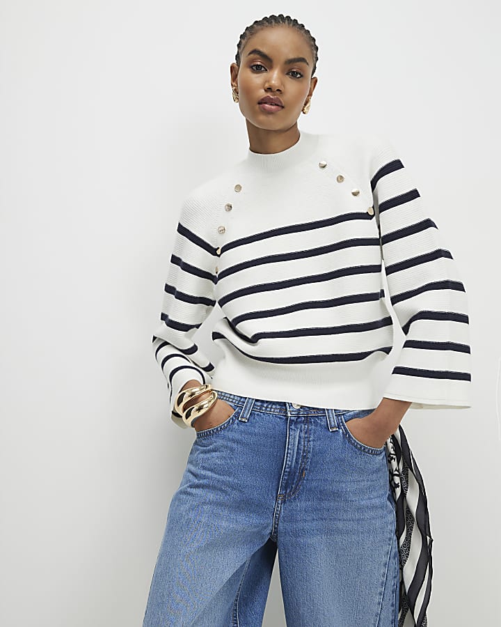 River Island Cream Striped Ribbed Button Jumper
