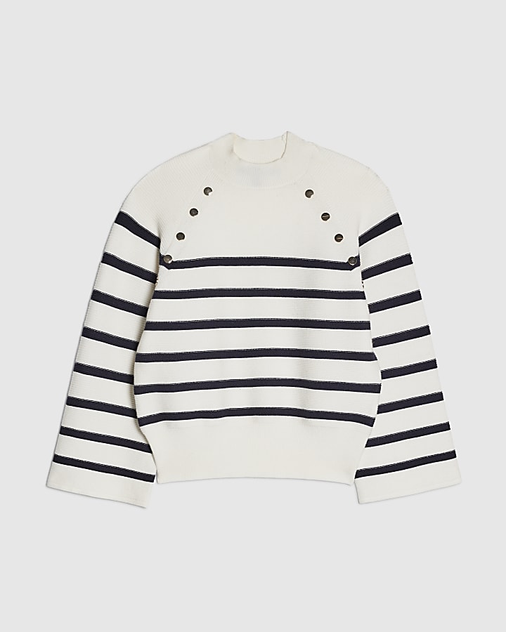 river island Cream Striped Ribbed Button Jumper