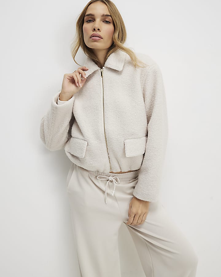 River Island Cream Textured Harrington Zip Jacket