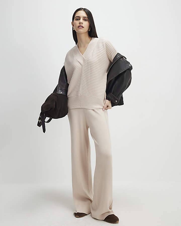 River Island Cream V Neck Ribbed Jumper