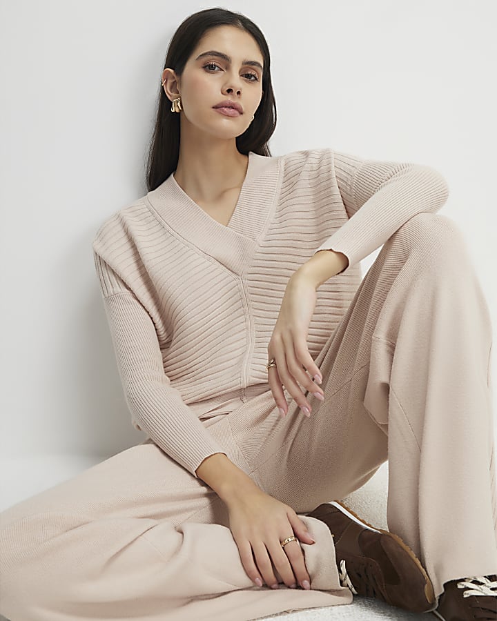 River Island Cream V Neck Ribbed Jumper