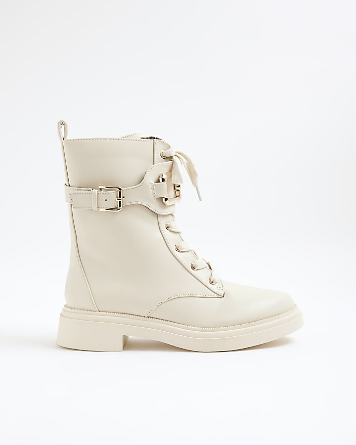 River Island Cream Wide Fit Lace Up Chunky Boots