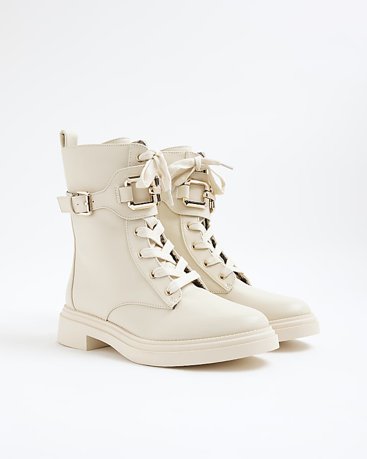 River Island Cream Wide Fit Lace Up Chunky Boots