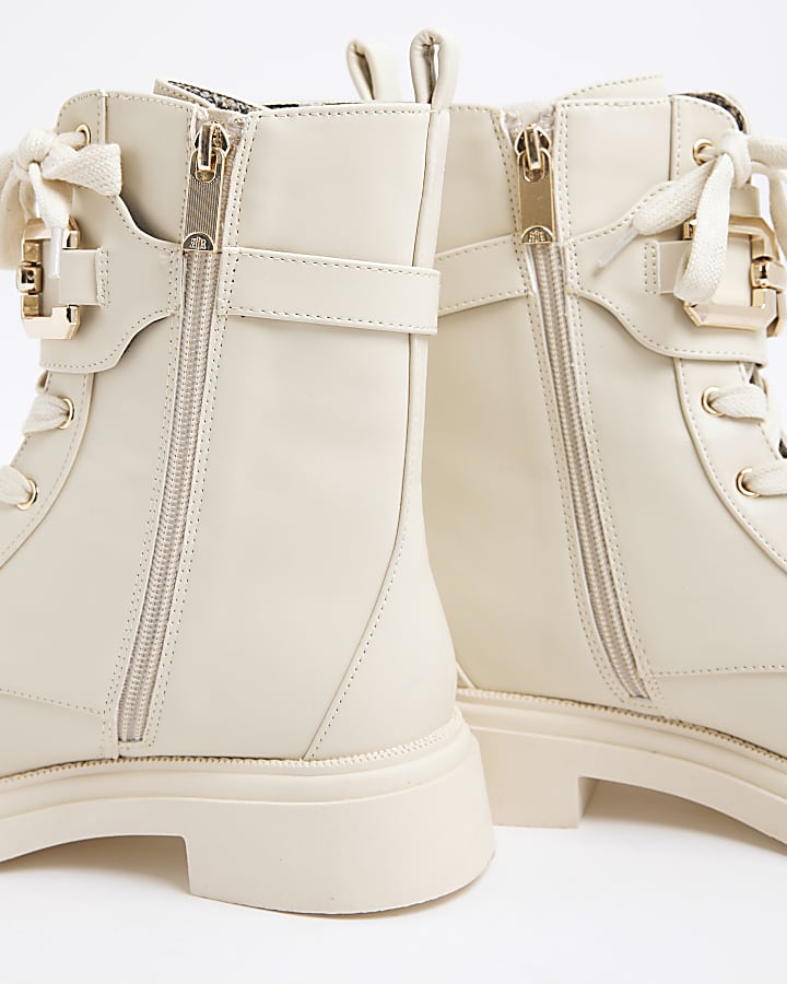 river island Cream Wide Fit Lace Up Chunky Boots