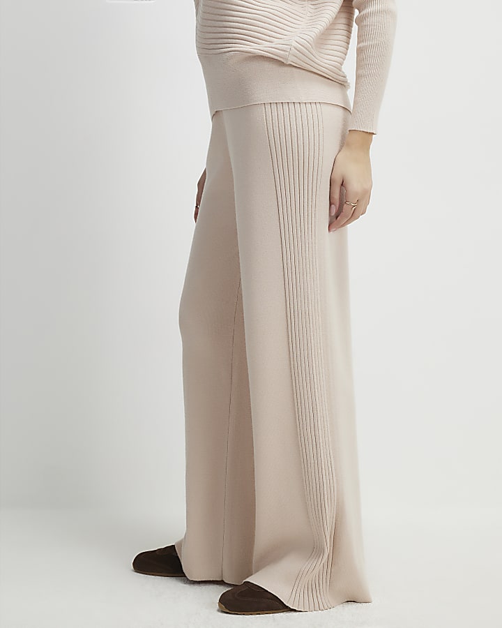 River Island Cream Wide Leg Knitted Rib Trousers