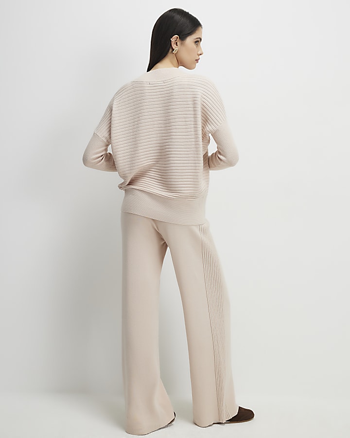 River Island Cream Wide Leg Knitted Rib Trousers