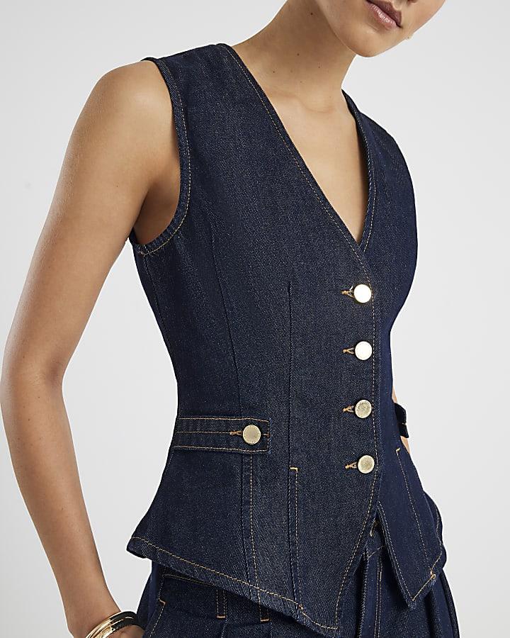 River Island Denim Fitted Tab Detail Waistcoat