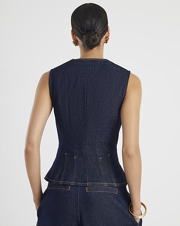 River Island Denim Fitted Tab Detail Waistcoat