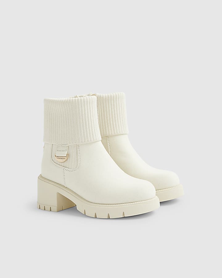River Island Girls Beige Canvas Knit Heel Boots