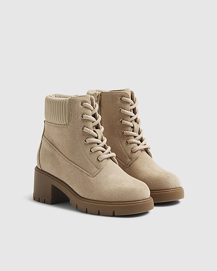 River Island Girls Beige Faux Suede Lace Boots