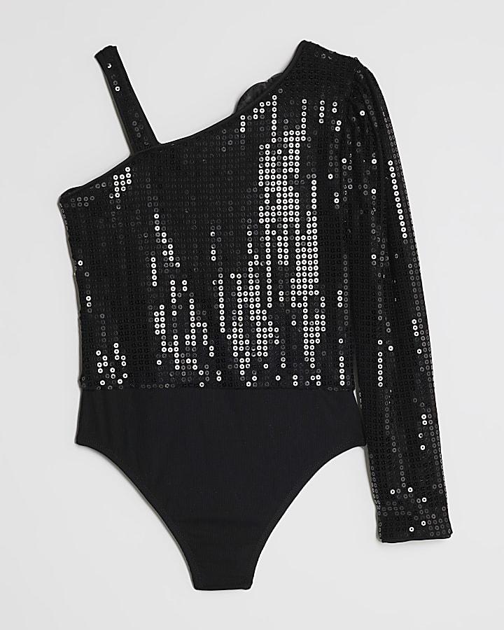 River Island Girls Black 3D Flower Sequin Bodysuit