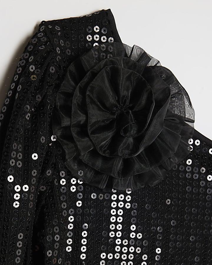 River Island Girls Black 3D Flower Sequin Bodysuit