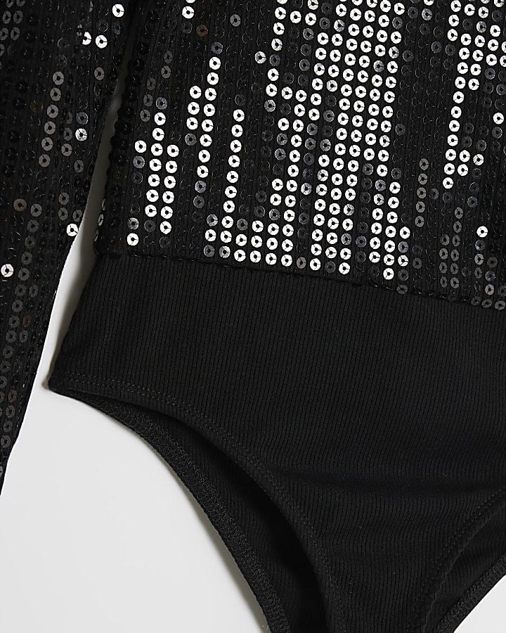 River Island Girls Black 3D Flower Sequin Bodysuit
