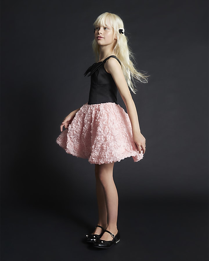 River Island Girls Black Bow Floral Hem Dress