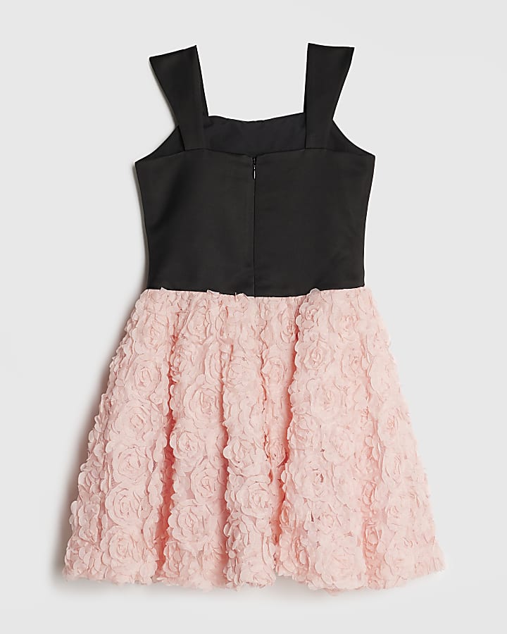 River Island Girls Black Bow Floral Hem Dress