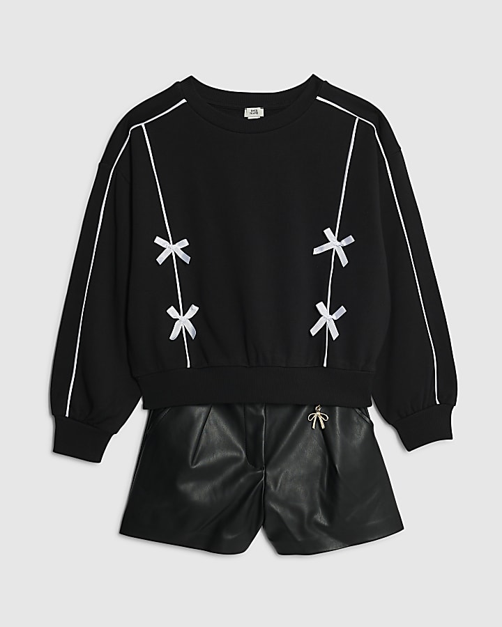 River Island Girls Black Bow Sweatshirt Set