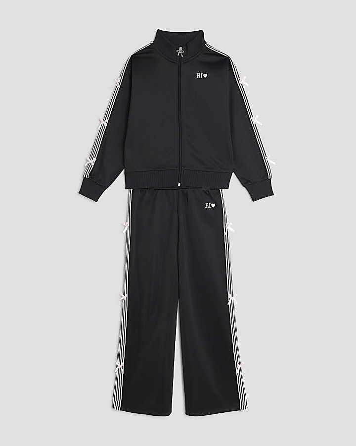 River Island Girls Black Bow Taped Tracksuit Set