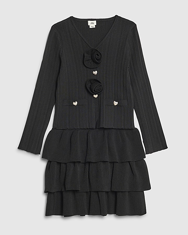 River Island Girls Black Corsage Cardigan Set