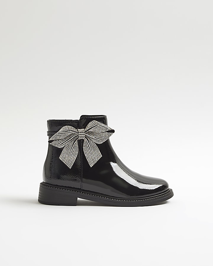 River Island Girls Black Diamante Bow Boots