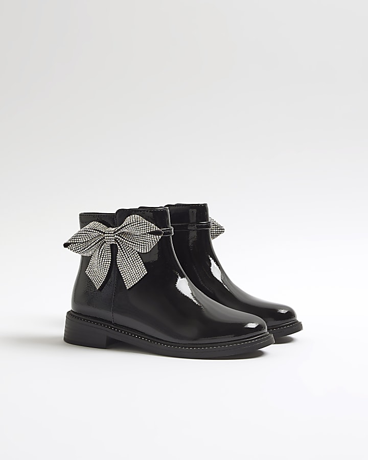 River Island Girls Black Diamante Bow Boots