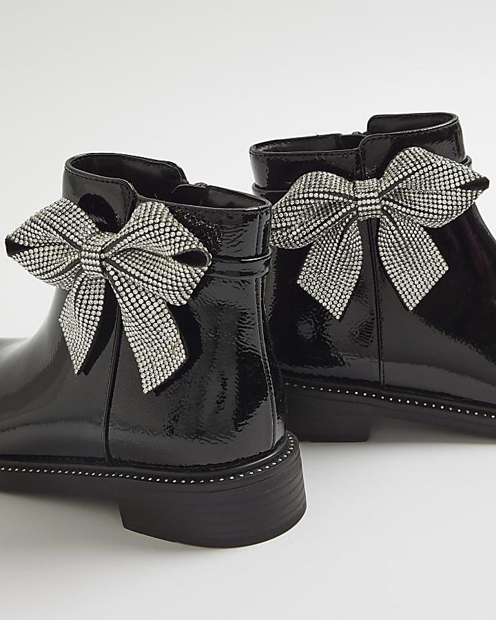 River Island Girls Black Diamante Bow Boots