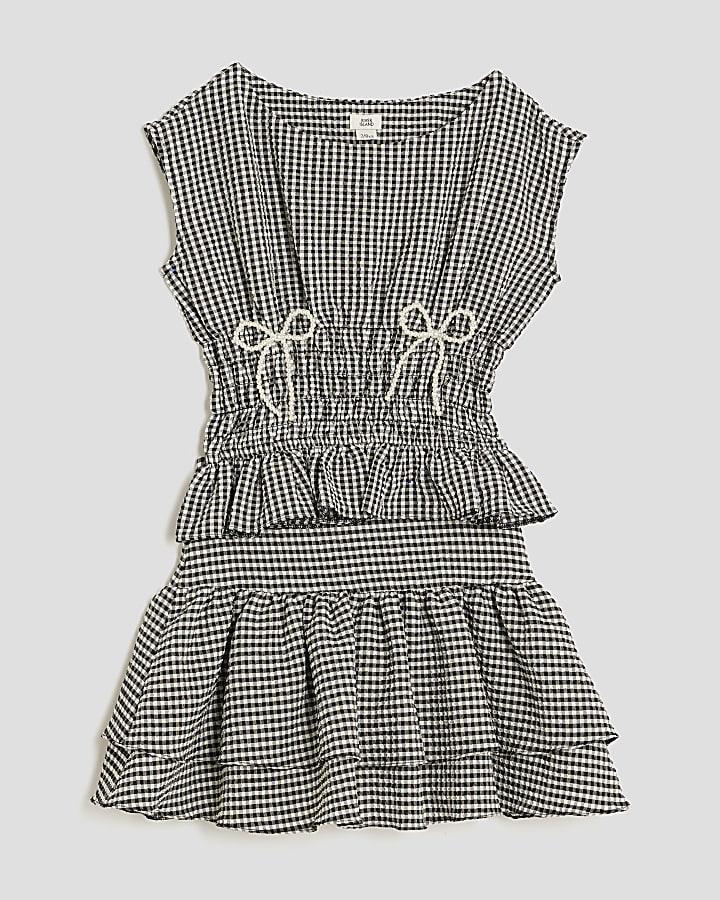 River Island Girls Black Gingham Bow Top Set