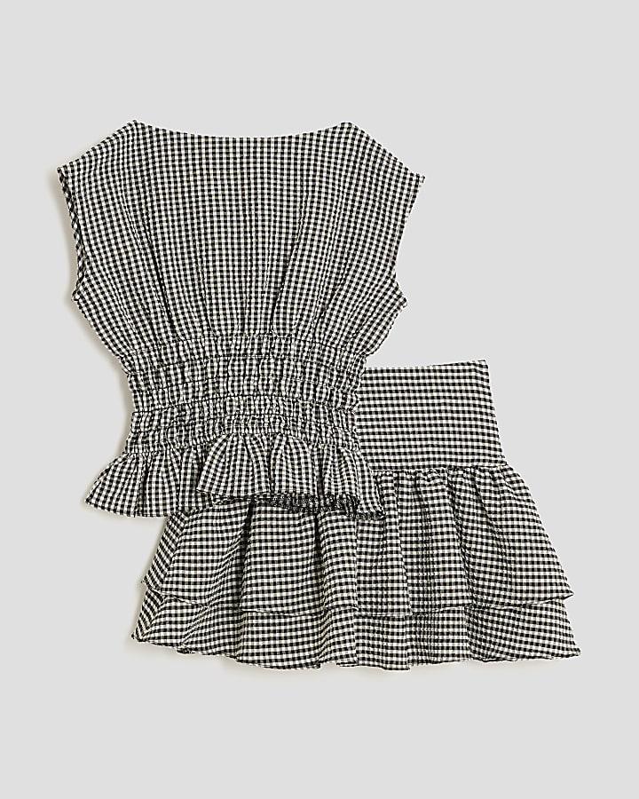 River Island Girls Black Gingham Bow Top Set