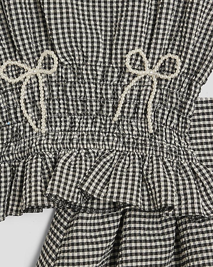 River Island Girls Black Gingham Bow Top Set