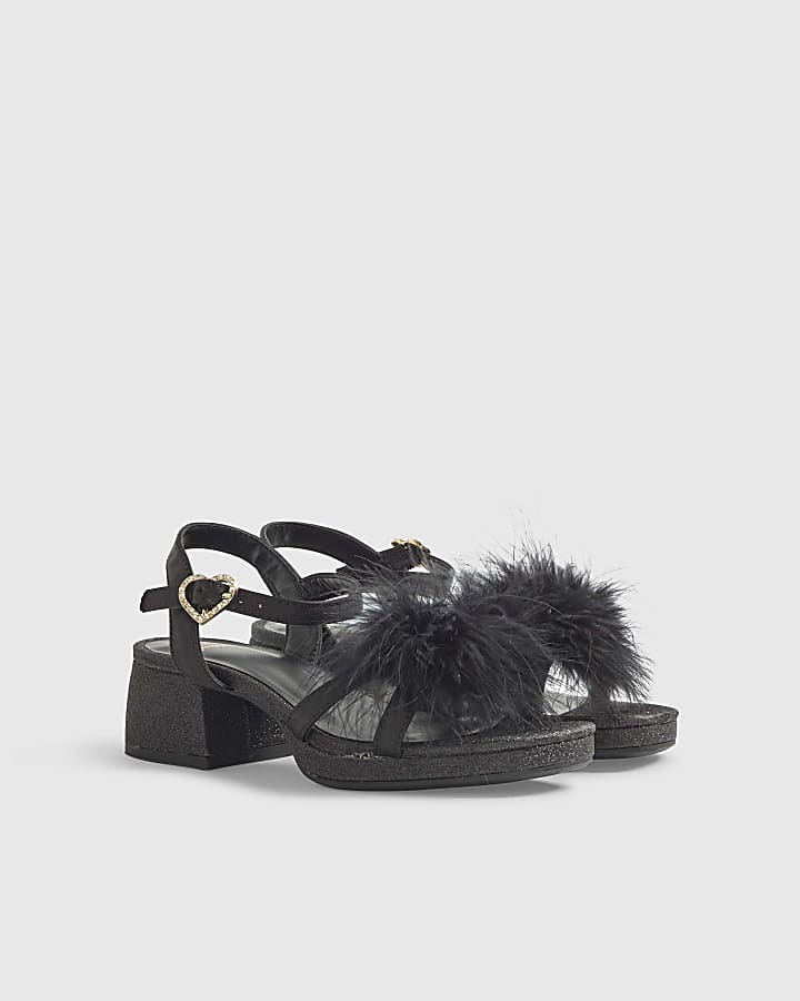 River Island Girls Black Glitter Feather Sandals