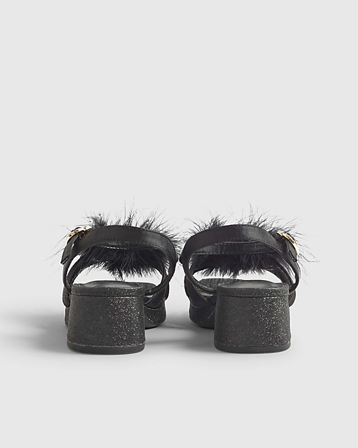 River Island Girls Black Glitter Feather Sandals