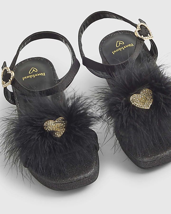 River Island Girls Black Glitter Feather Sandals