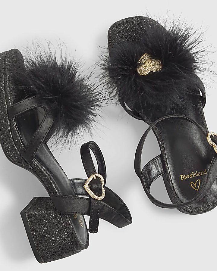river island Girls Black Glitter Feather Sandals