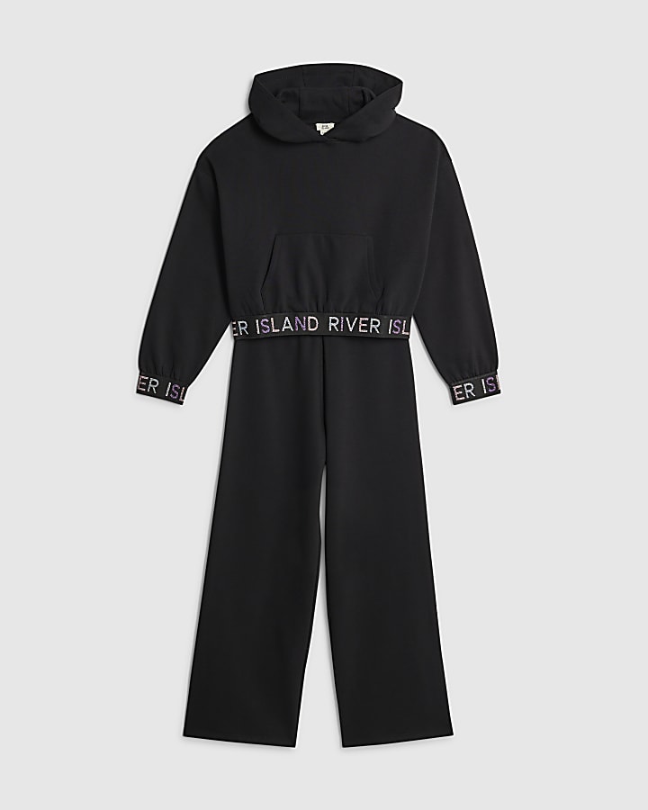 River Island Girls Black Hooded Sweatshirt Set