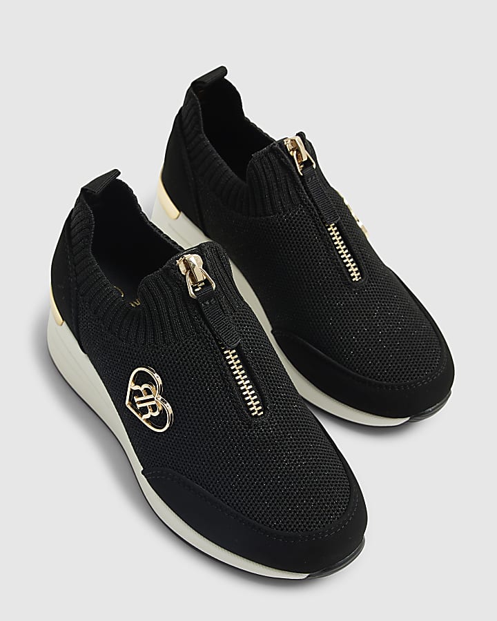 River Island Girls Black Knit Wedge Trainers