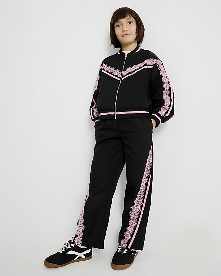 River Island Girls Black Lace Trim Bomber Jacket