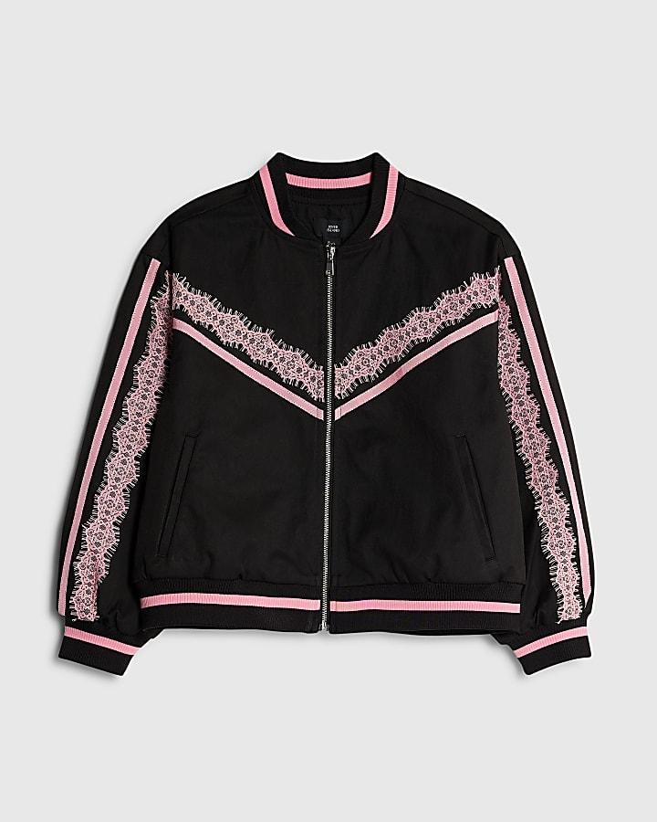 River Island Girls Black Lace Trim Bomber Jacket