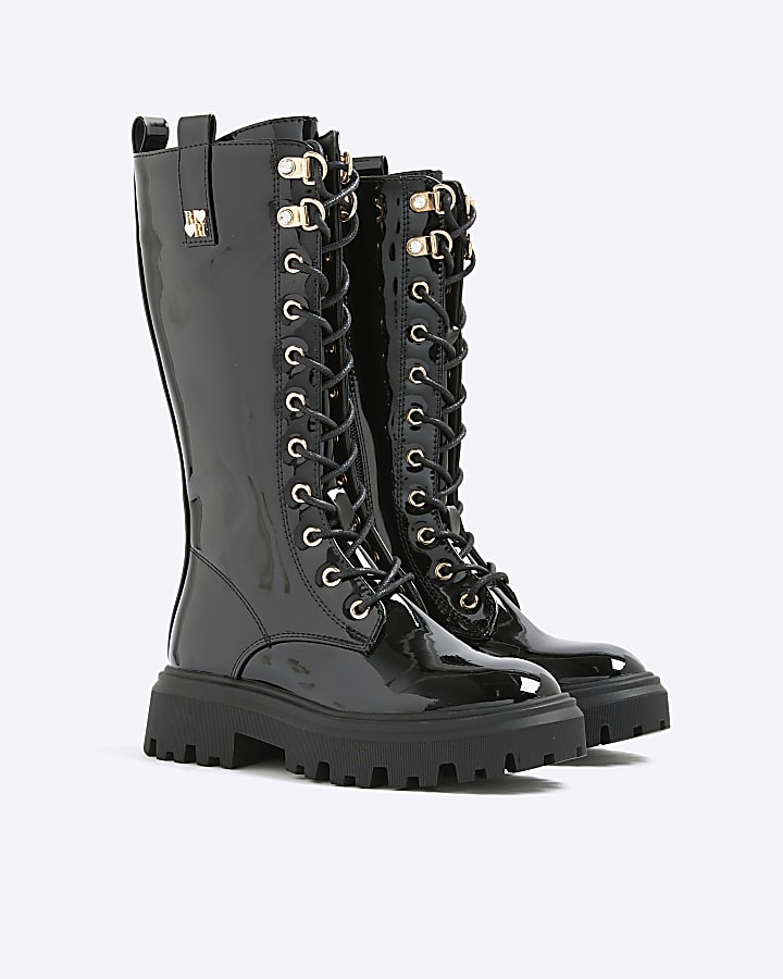 River Island Girls Black Lace Up Knee High Boots