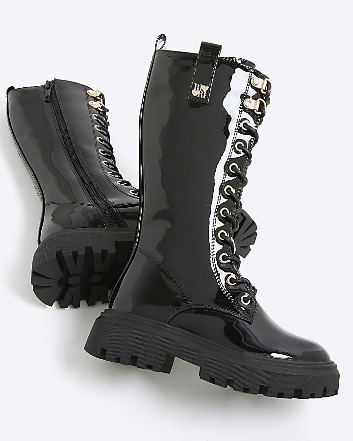 River Island Girls Black Lace Up Knee High Boots
